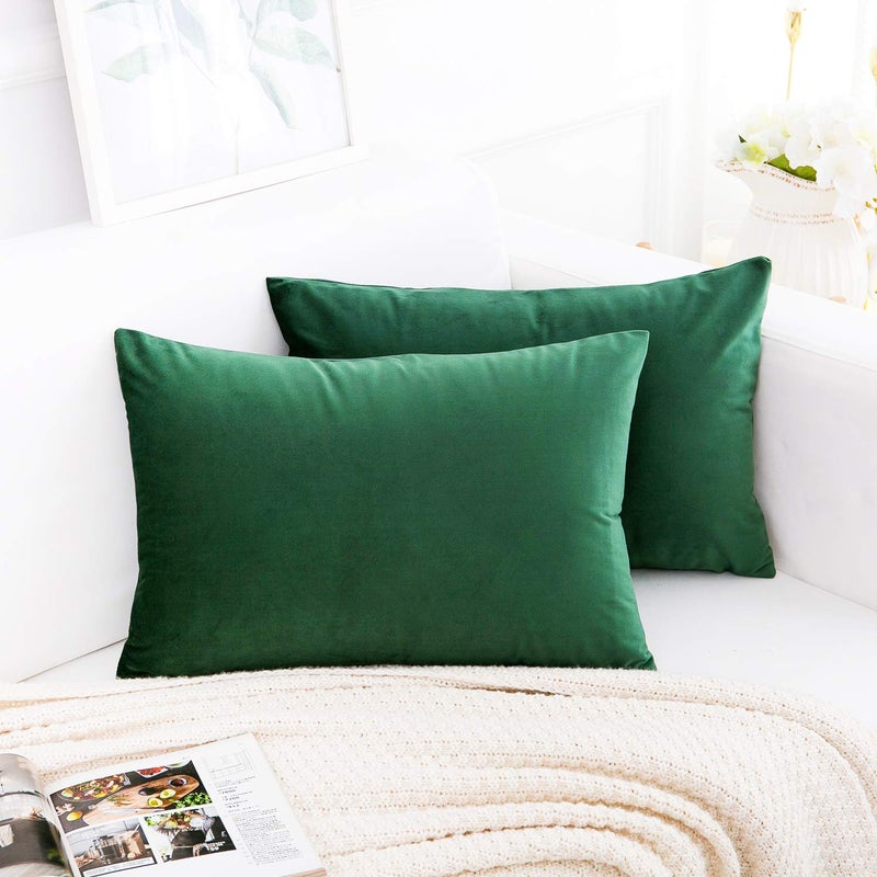 RainRoad Velvet Decorative Throw Pillow Covers Cushion Cover Pillow Case for Sofa Couch Bed Chair Soft Square Dark Green Throw Pillows 12x20 Inch,Set of 2 - Image 2